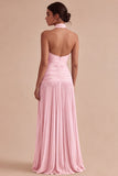 Dark Coffee Halter Ruched Long A Line Backless Formal Dress