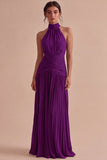 Dark Coffee Halter Ruched Long A Line Backless Formal Dress