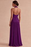 Dark Coffee Halter Ruched Long A Line Backless Formal Dress