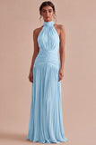 Dark Coffee Halter Ruched Long A Line Backless Formal Dress