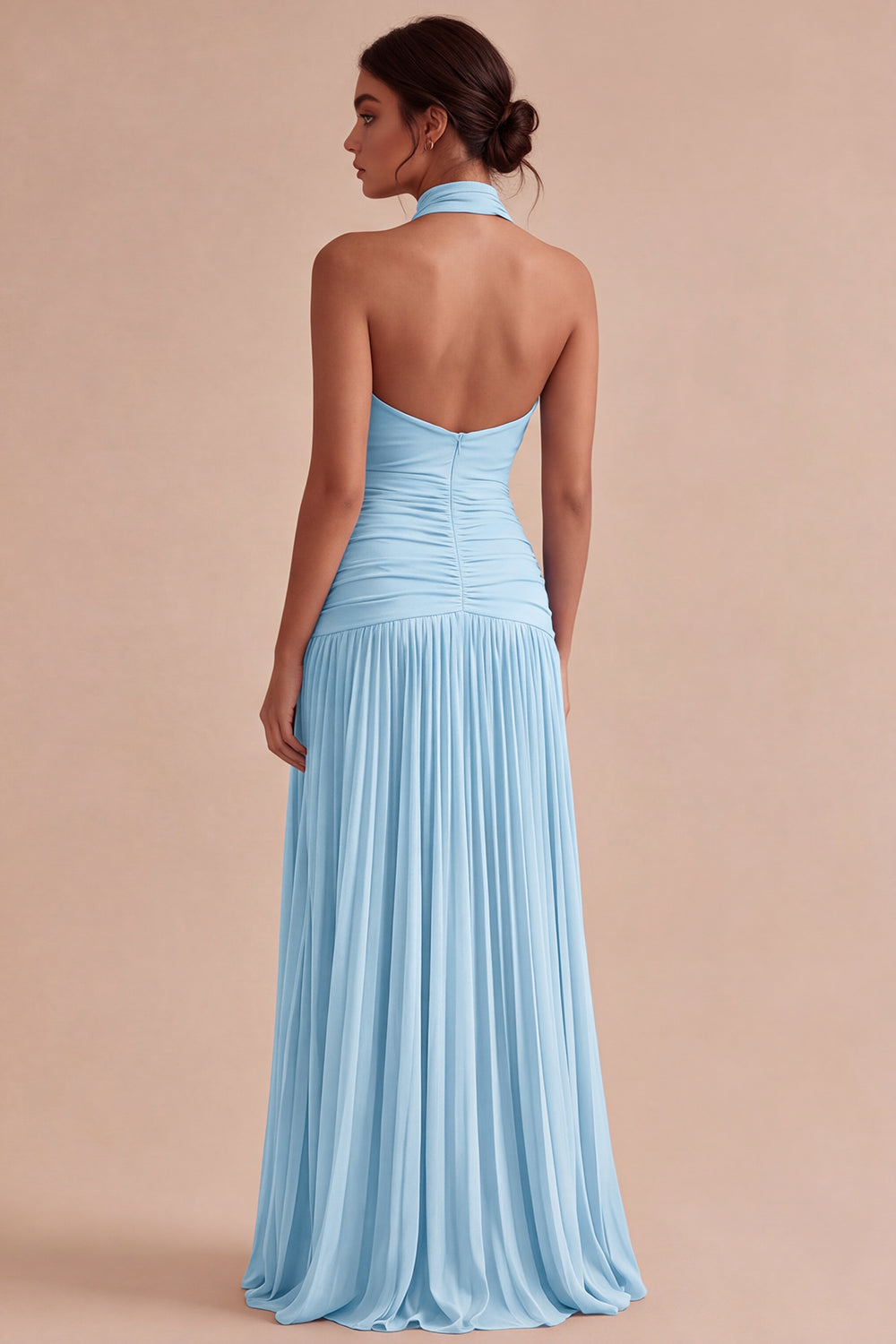 Dark Coffee Halter Ruched Long A Line Backless Formal Dress