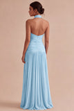 Dark Coffee Halter Ruched Long A Line Backless Formal Dress