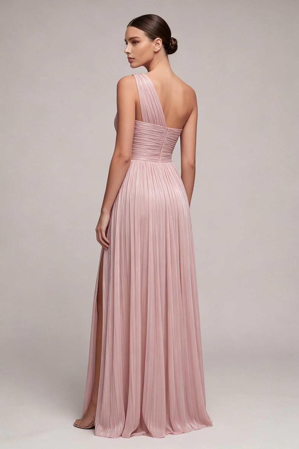 Dusty Rose One Shoulder Pleated A Line Long Formal Dress with Slit