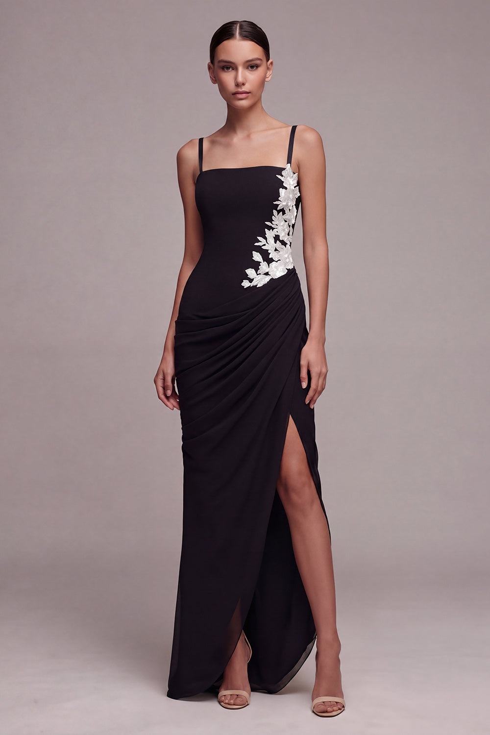 Black Square Neck Floral Mermaid Long Formal Dress with Slit
