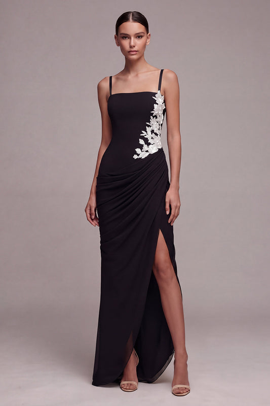 Black Square Neck Floral Mermaid Long Formal Dress with Slit