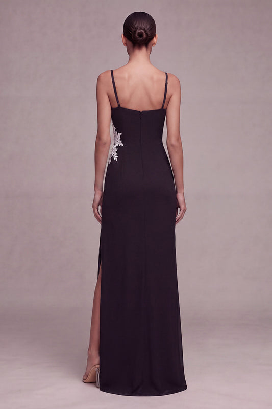 Black Square Neck Floral Mermaid Long Formal Dress with Slit