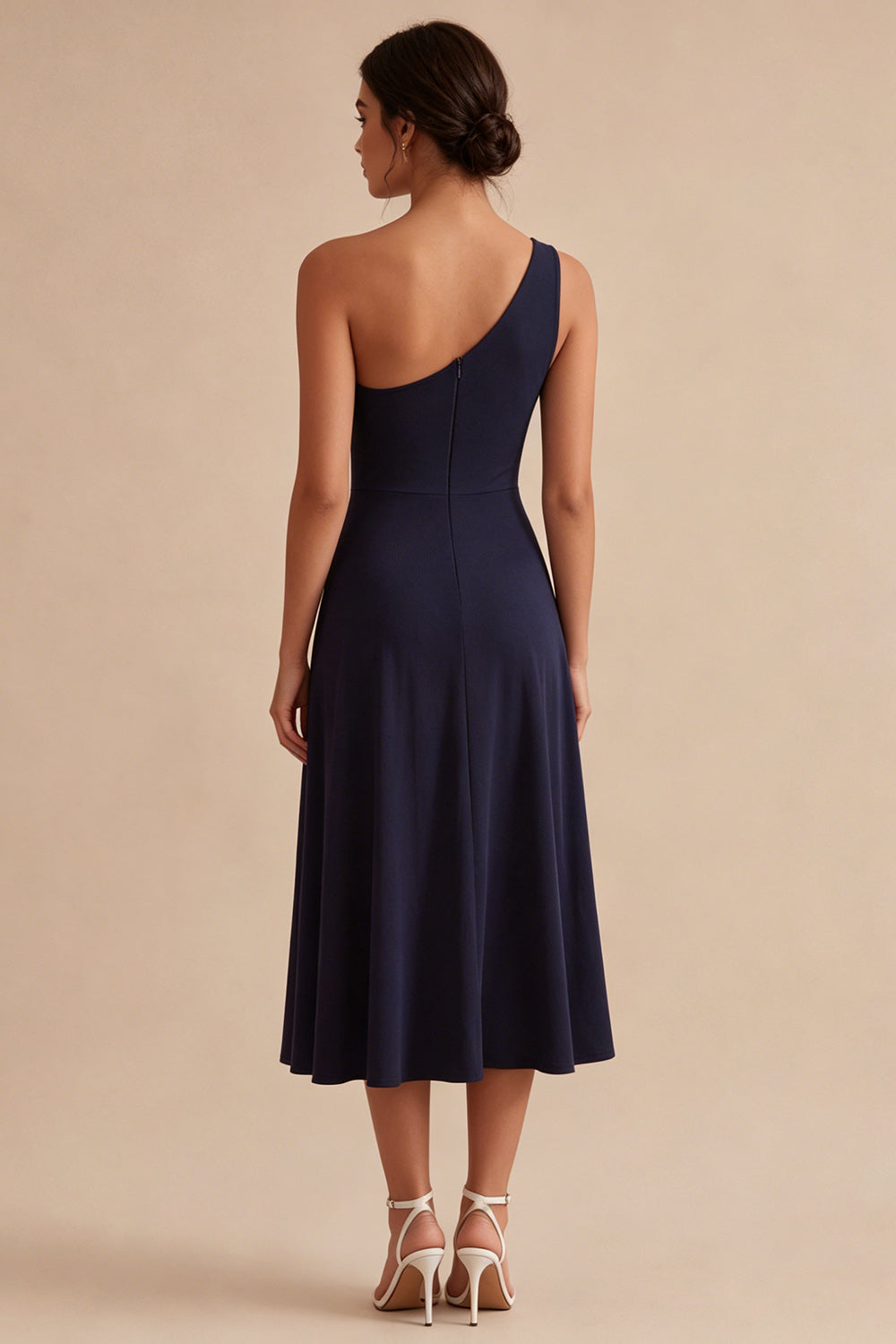 Navy One Shoulder A Line Long Formal Dress