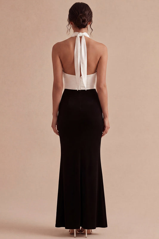 Black and White Halter Keyhole Backless Long Mermaid Formal Dress with Slit