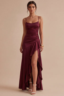 Burgundy Ruffled Spaghetti Straps Mermaid Long Formal Dress with Slit