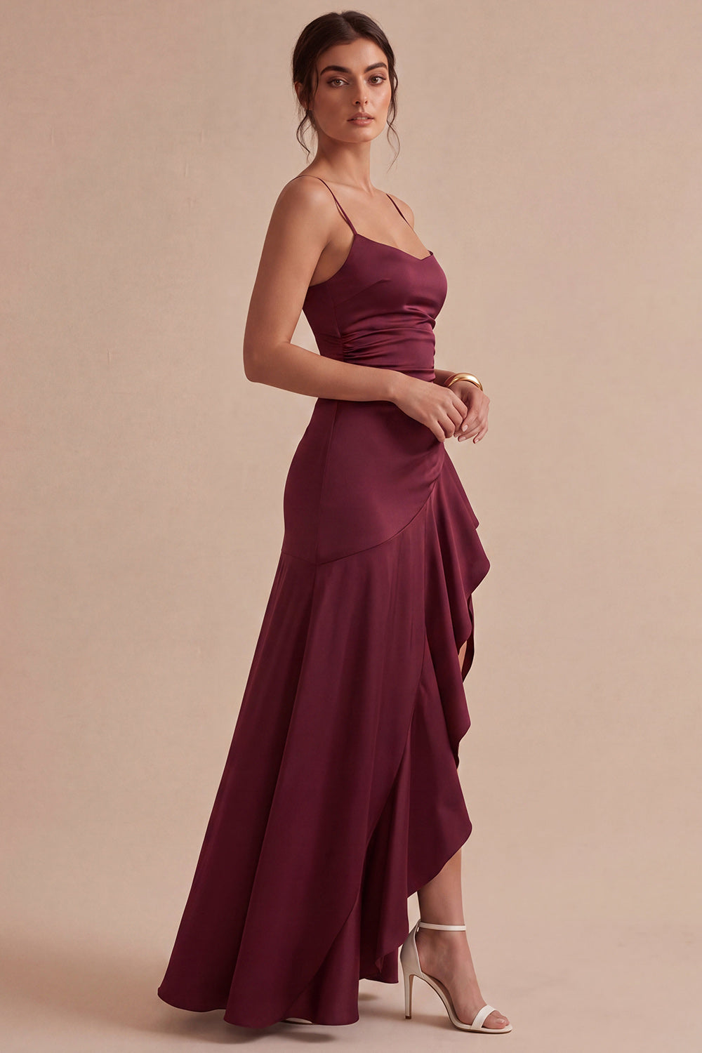Burgundy Ruffled Spaghetti Straps Mermaid Long Formal Dress with Slit