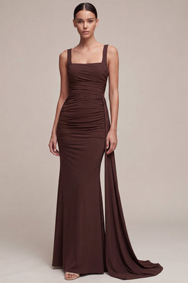 Brown Square Neck Long Mermaid Formal Dress with Side Cape