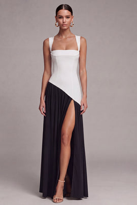 Black and White Square Neck Long Sheath Formal Dress with Slit