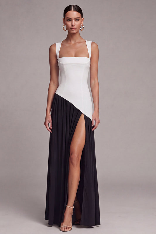 Black and White Square Neck Long Sheath Formal Dress with Slit
