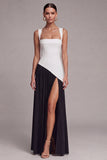 Black and White Square Neck Long Sheath Formal Dress with Slit