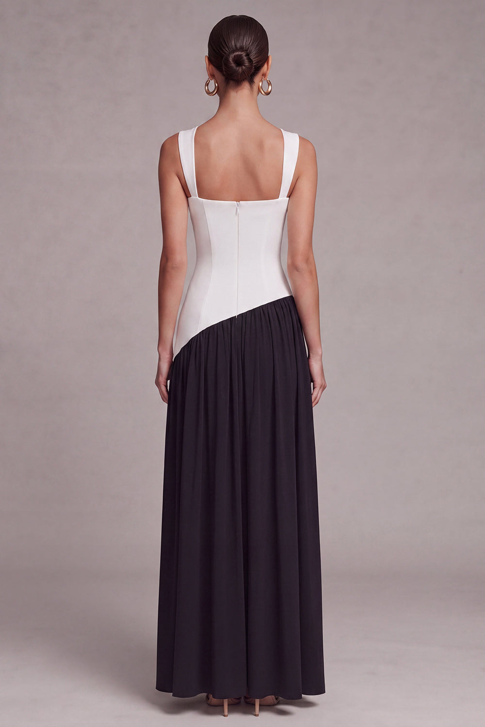 Black and White Square Neck Long Sheath Formal Dress with Slit