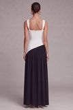 Black and White Square Neck Long Sheath Formal Dress with Slit