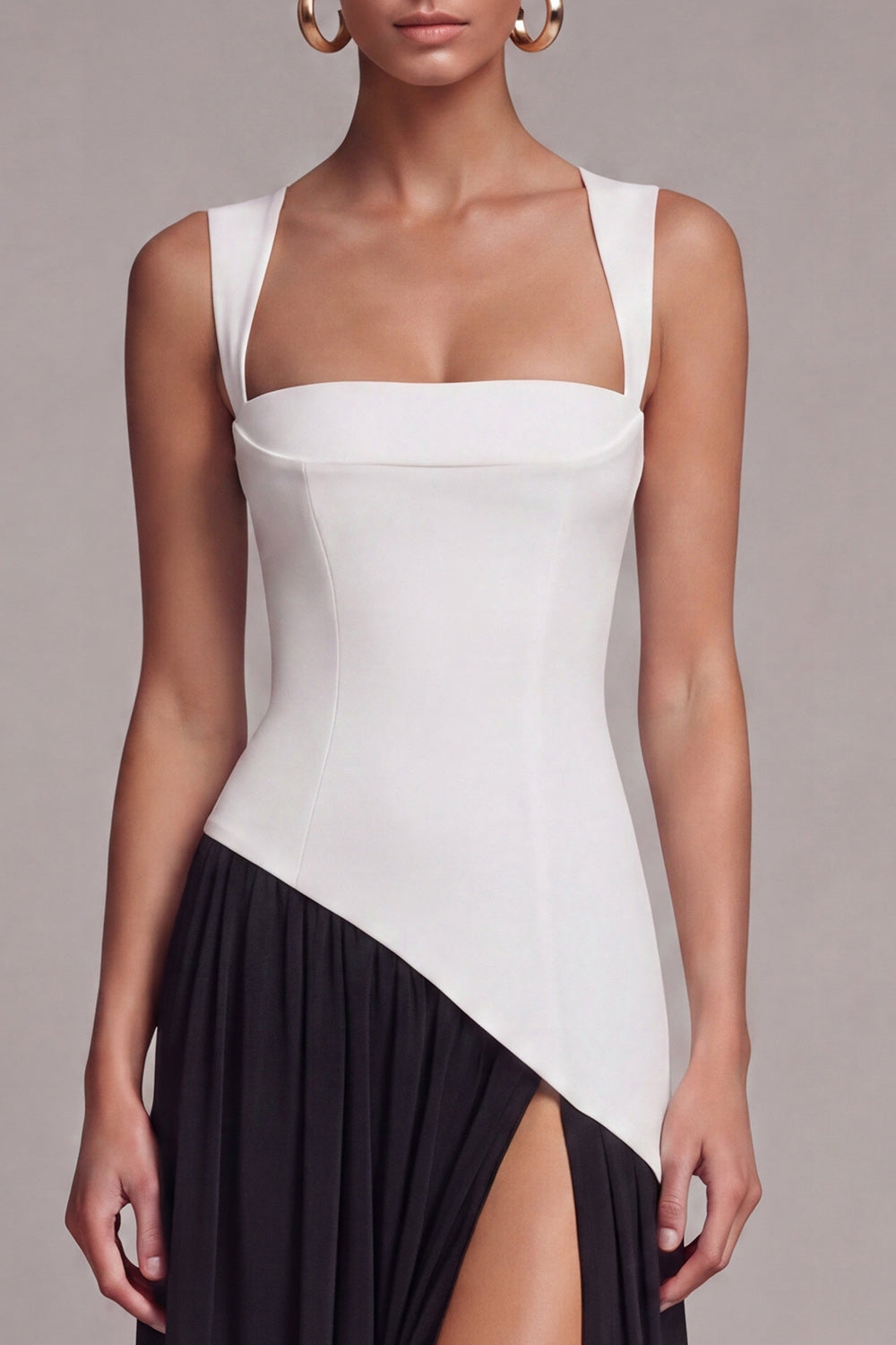 Black and White Square Neck Long Sheath Formal Dress with Slit