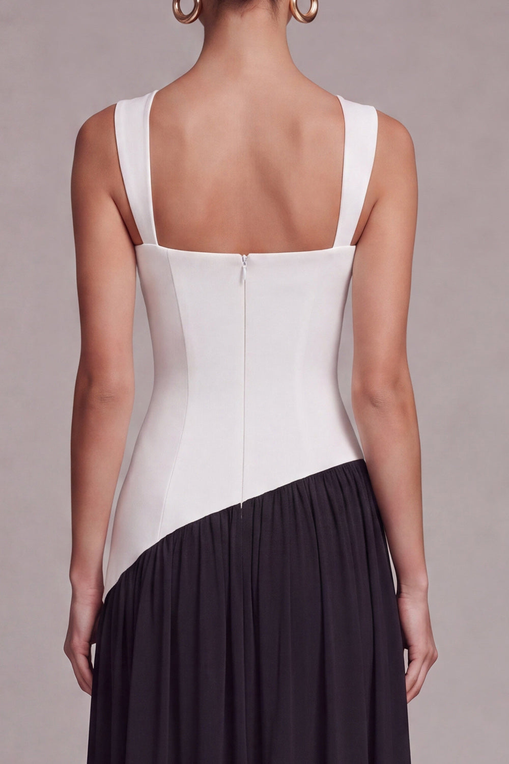 Black and White Square Neck Long Sheath Formal Dress with Slit