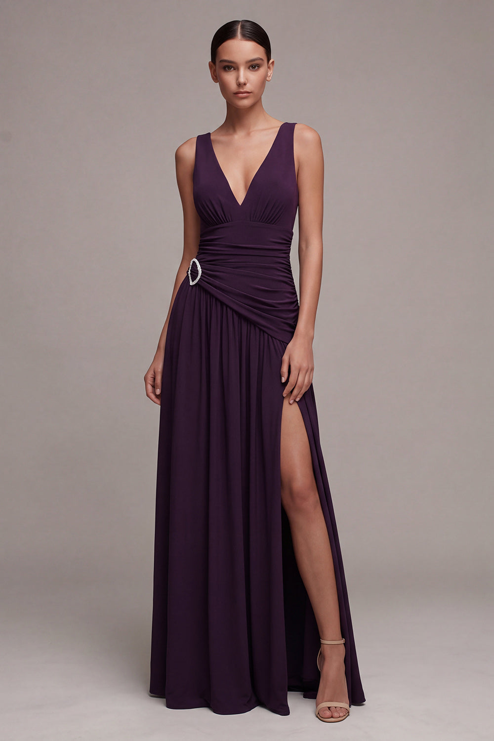 Plum V-Neck Ruched A Line Long Formal Dress with Slit