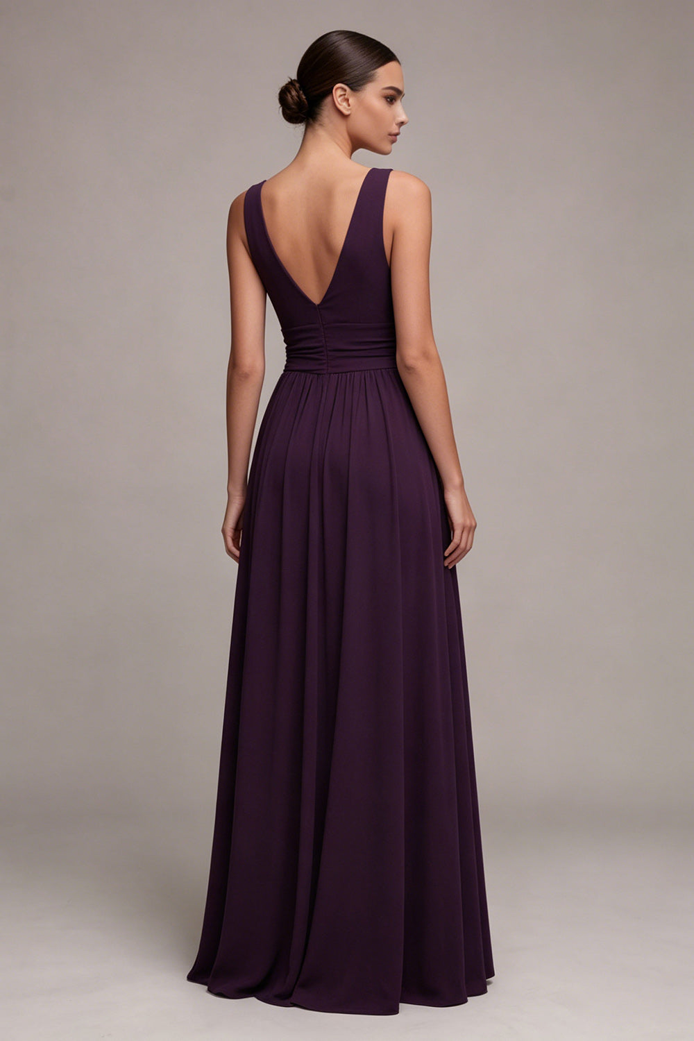 Plum V-Neck Ruched A Line Long Formal Dress with Slit