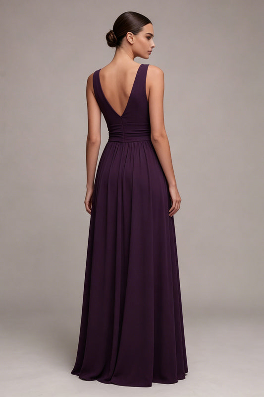 Plum V-Neck Ruched A Line Long Formal Dress with Slit