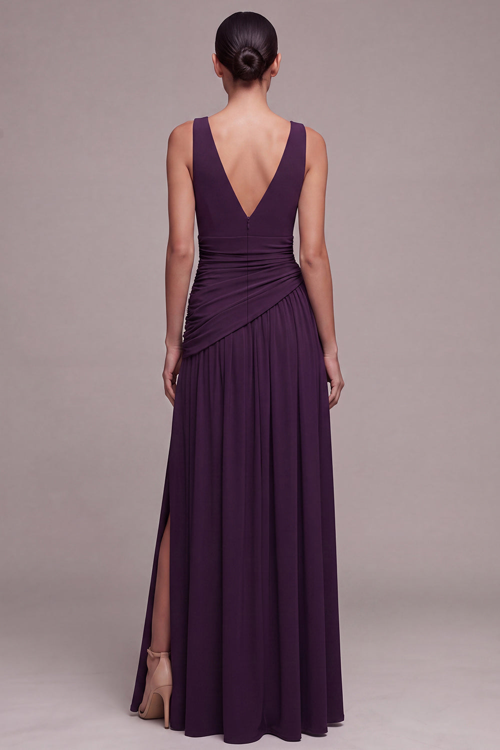 Plum V-Neck Ruched A Line Long Formal Dress with Slit