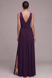 Plum V-Neck Ruched A Line Long Formal Dress with Slit