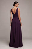 Plum V-Neck Ruched A Line Long Formal Dress with Slit