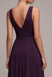 Plum V-Neck Ruched A Line Long Formal Dress with Slit