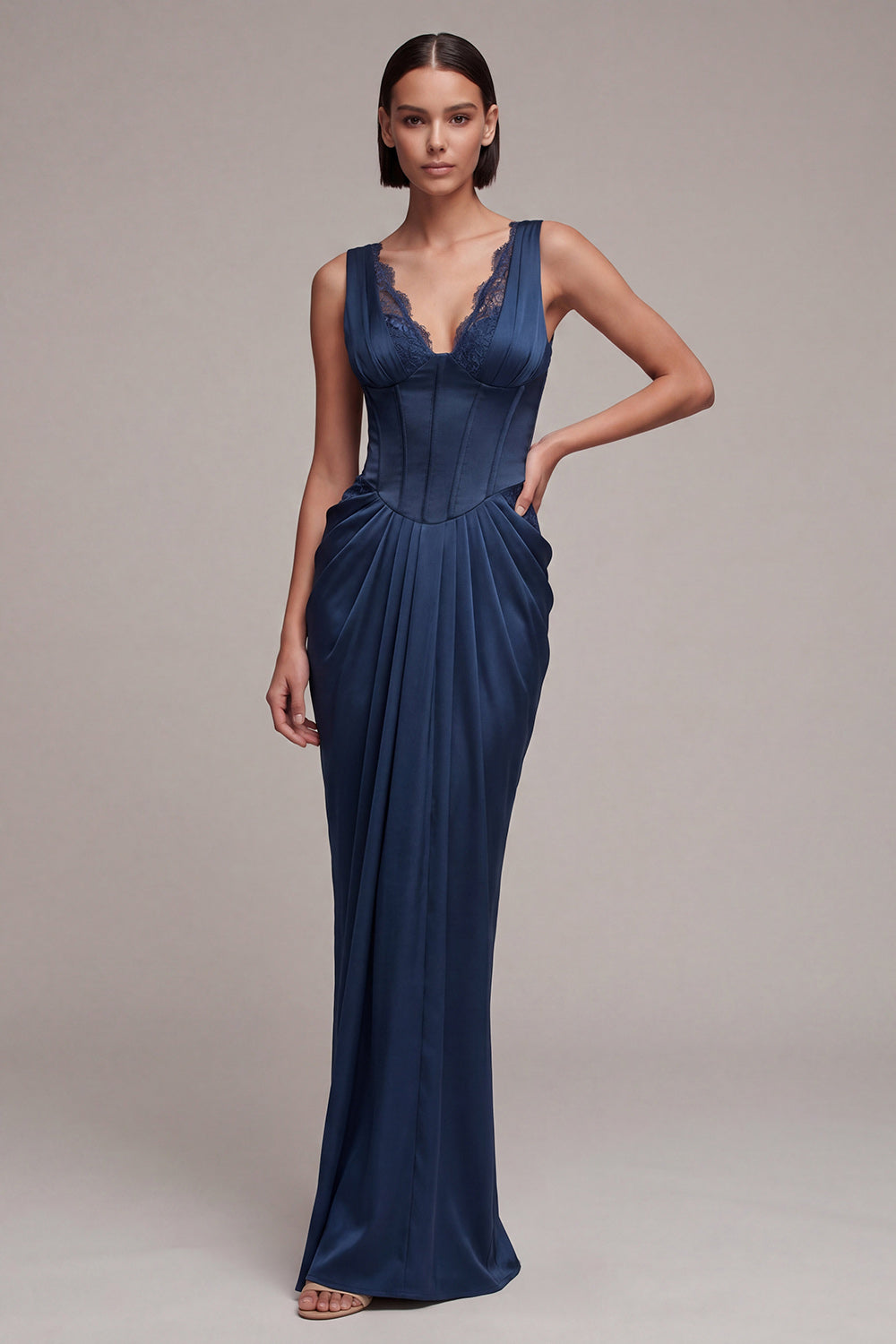 Navy Corset Mermaid V-Neck Ruched Long Formal Dress with Lace