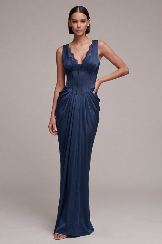 Navy Corset Mermaid V-Neck Ruched Long Formal Dress with Lace