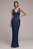 Navy Corset Mermaid V-Neck Ruched Long Formal Dress with Lace