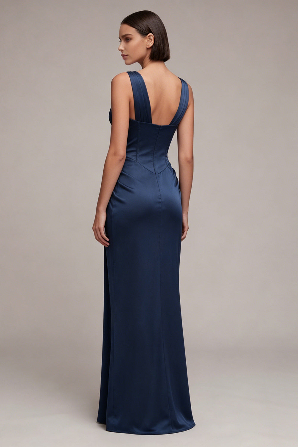 Navy Corset Mermaid V-Neck Ruched Long Formal Dress with Lace