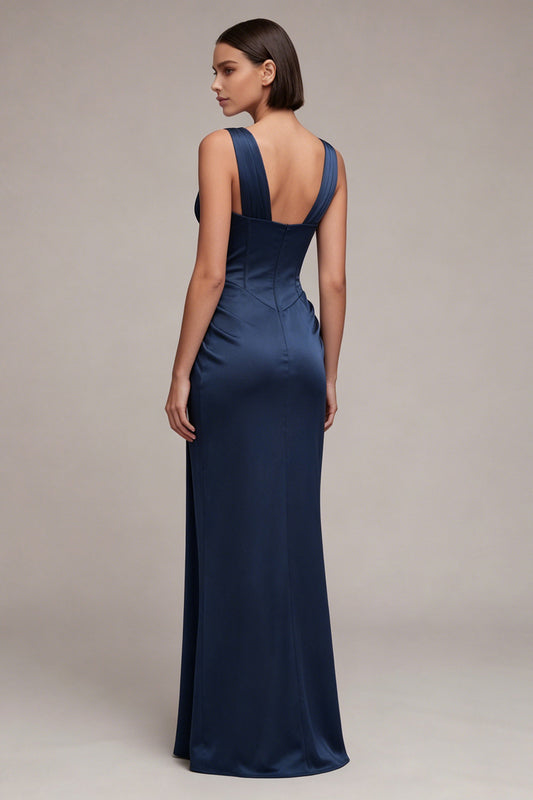 Navy Corset Mermaid V-Neck Ruched Long Formal Dress with Lace