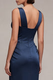 Navy Corset Mermaid V-Neck Ruched Long Formal Dress with Lace