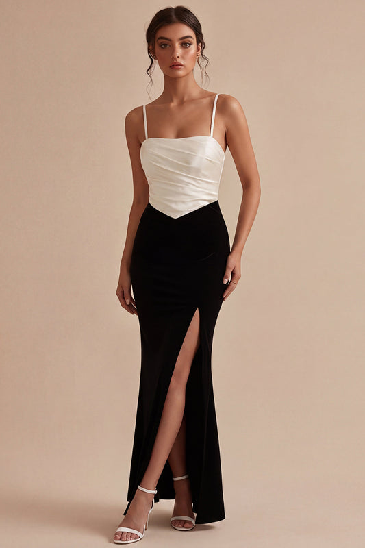 Black and White Spaghetti Straps Ruched Long Mermaid Formal Dress with Slit