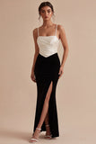 Black and White Spaghetti Straps Ruched Long Mermaid Formal Dress with Slit