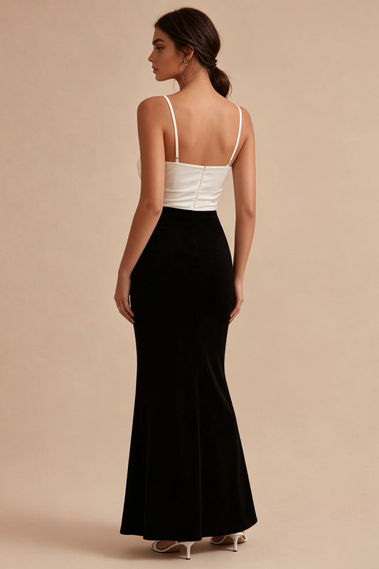 Black and White Spaghetti Straps Ruched Long Mermaid Formal Dress with Slit