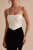 Black and White Spaghetti Straps Ruched Long Mermaid Formal Dress with Slit