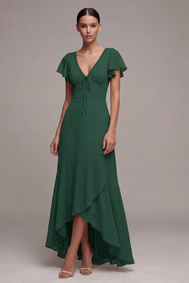 Dark Green V-Neck High Low A Line Formal Dress