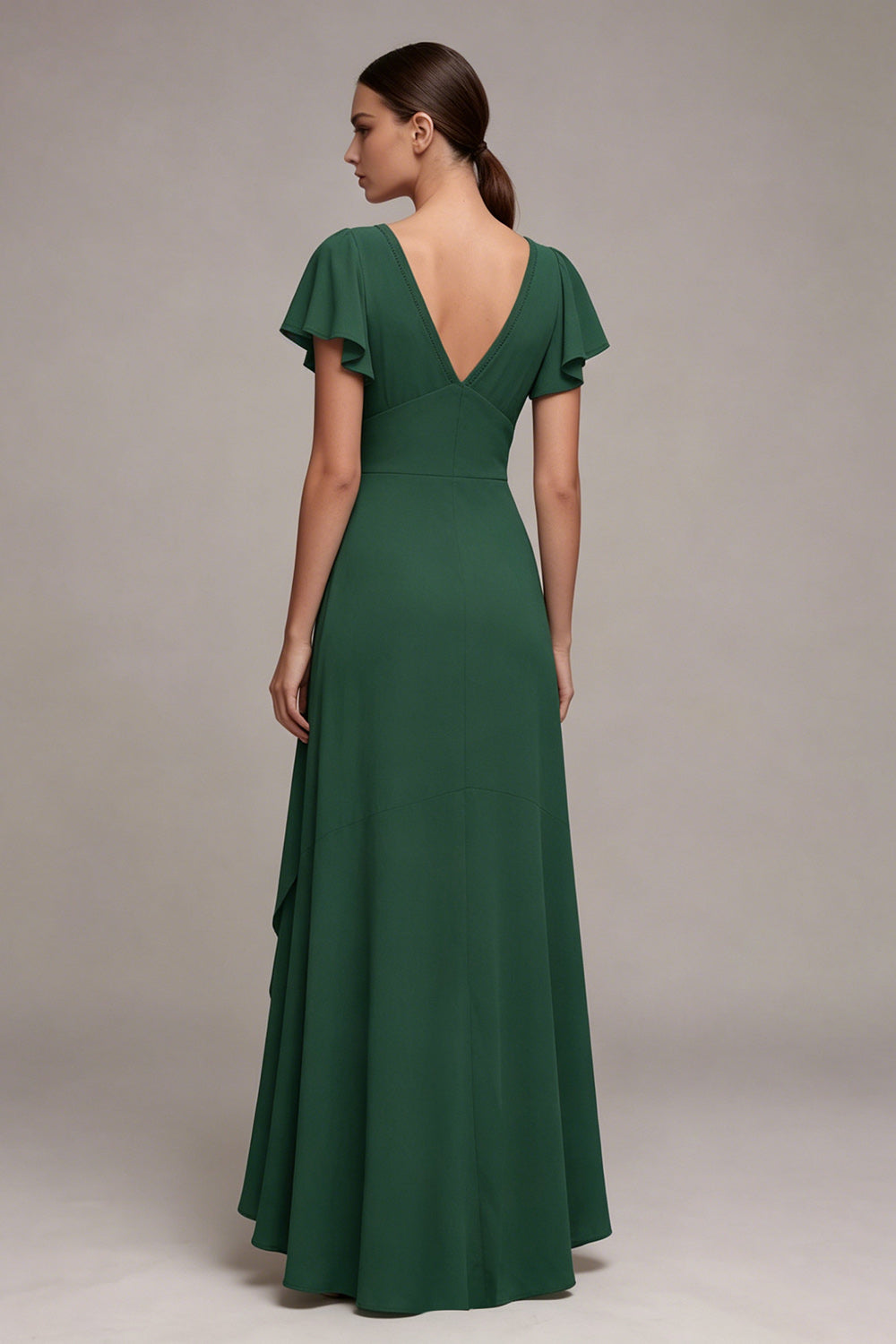 Dark Green V-Neck High Low A Line Formal Dress