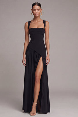 Black Square Neck A Line Long Formal Dress with Slit