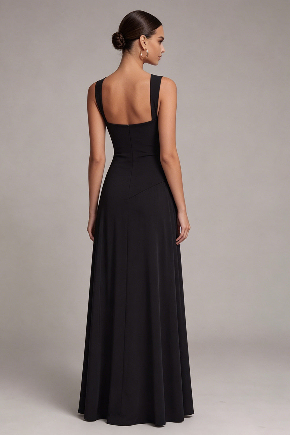 Black Square Neck A Line Long Formal Dress with Slit