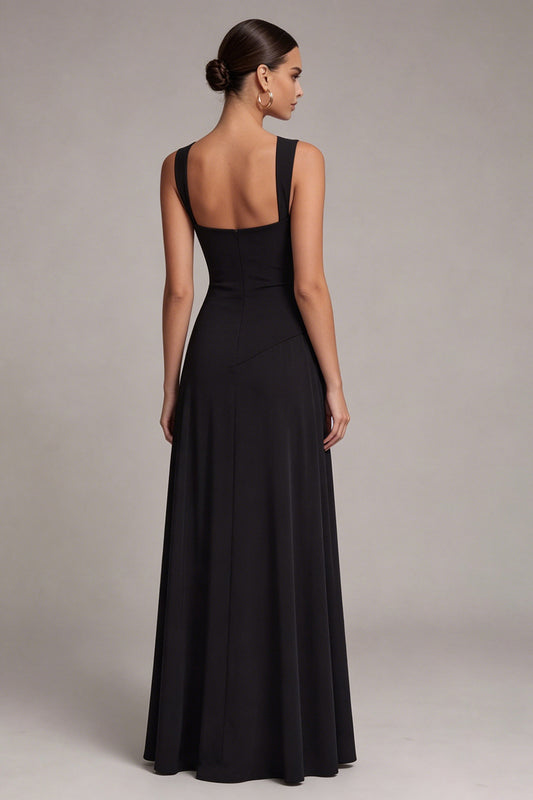 Black Square Neck A Line Long Formal Dress with Slit
