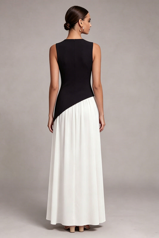 Black and White Round Neck Long Sheath Formal Dress with Slit