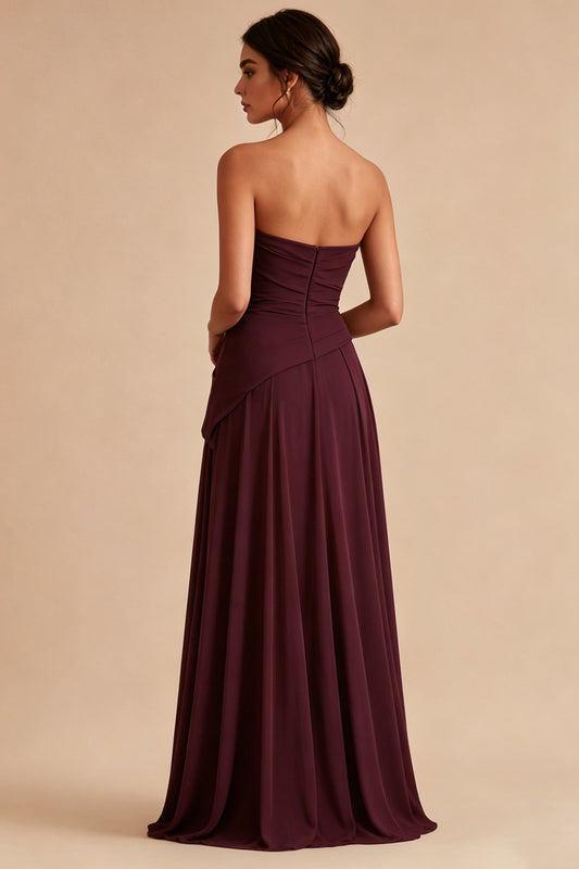 Burgundy A Line Ruched Strapless Long Formal Dress