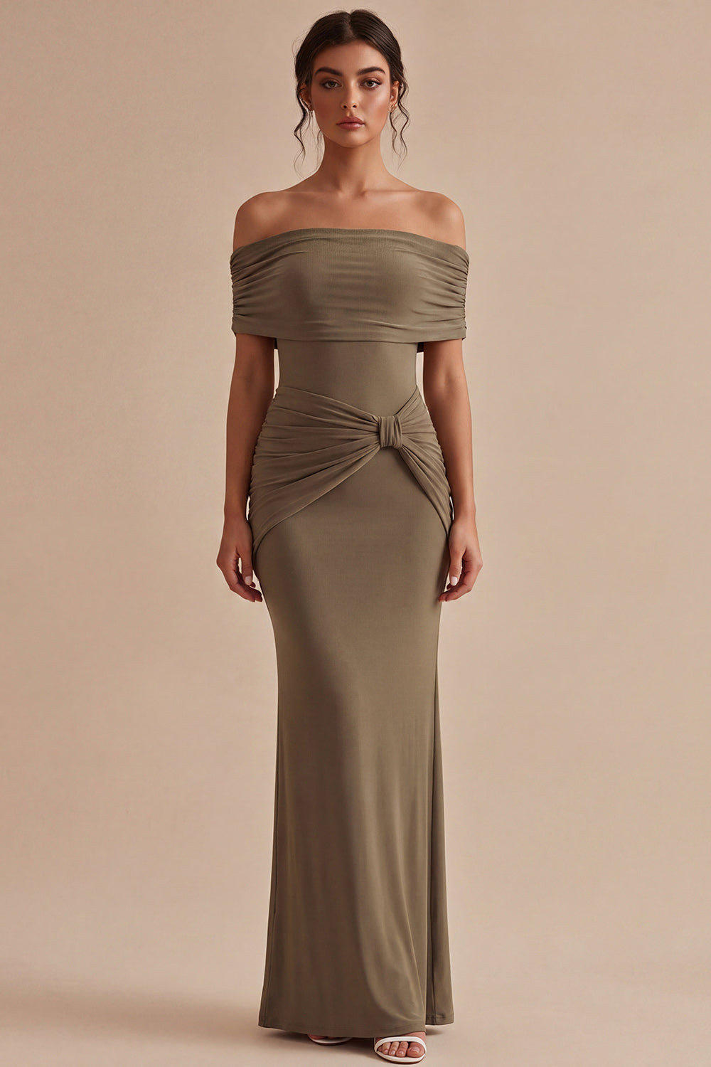 Khaki Off the Shoulder Mermaid Ruched Long Formal Dress