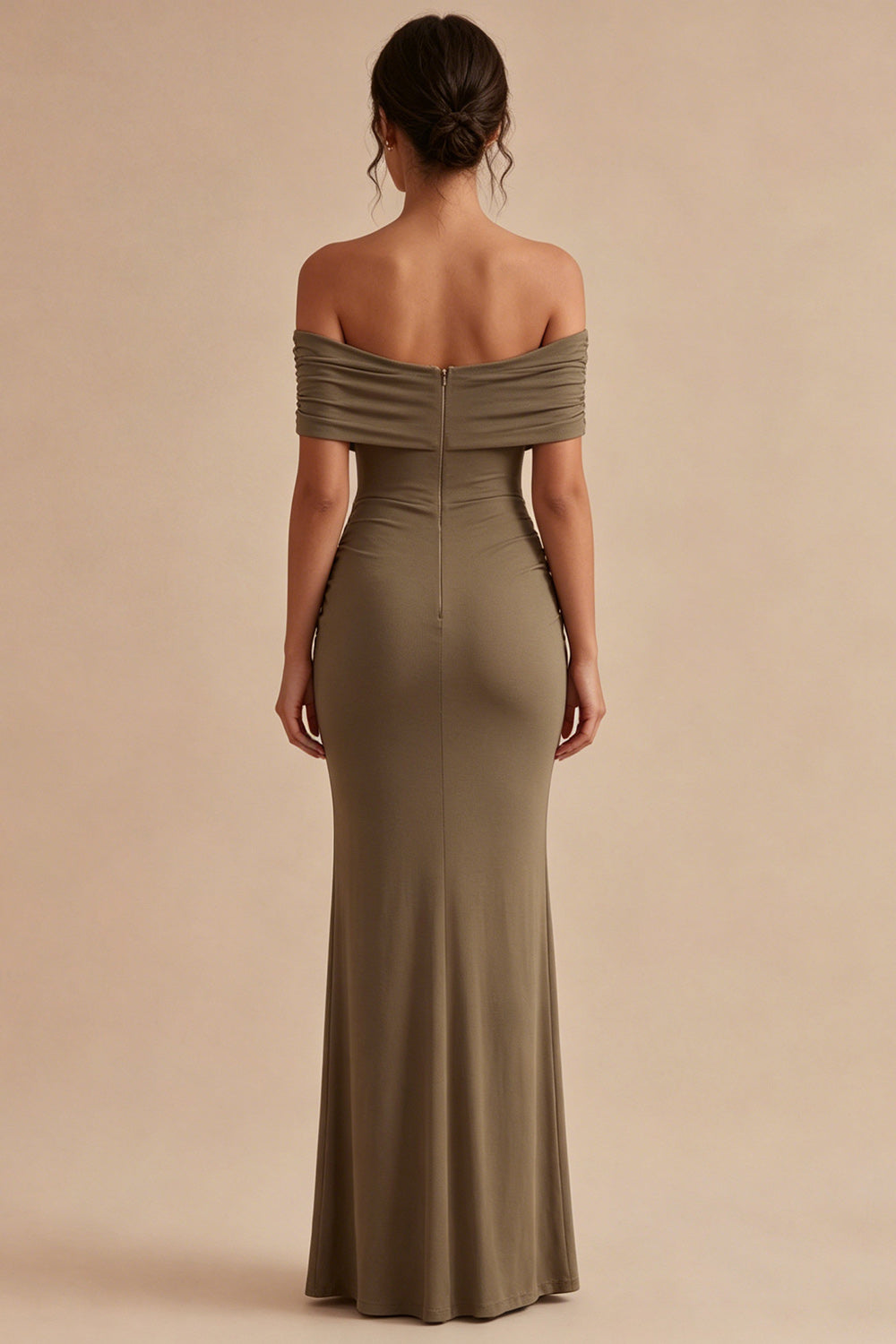 Khaki Off the Shoulder Mermaid Ruched Long Formal Dress