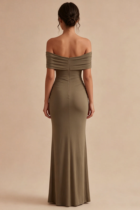 Khaki Off the Shoulder Mermaid Ruched Long Formal Dress