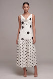 White and Black Cowl Neck A Line Maxi Polka Dots Dress